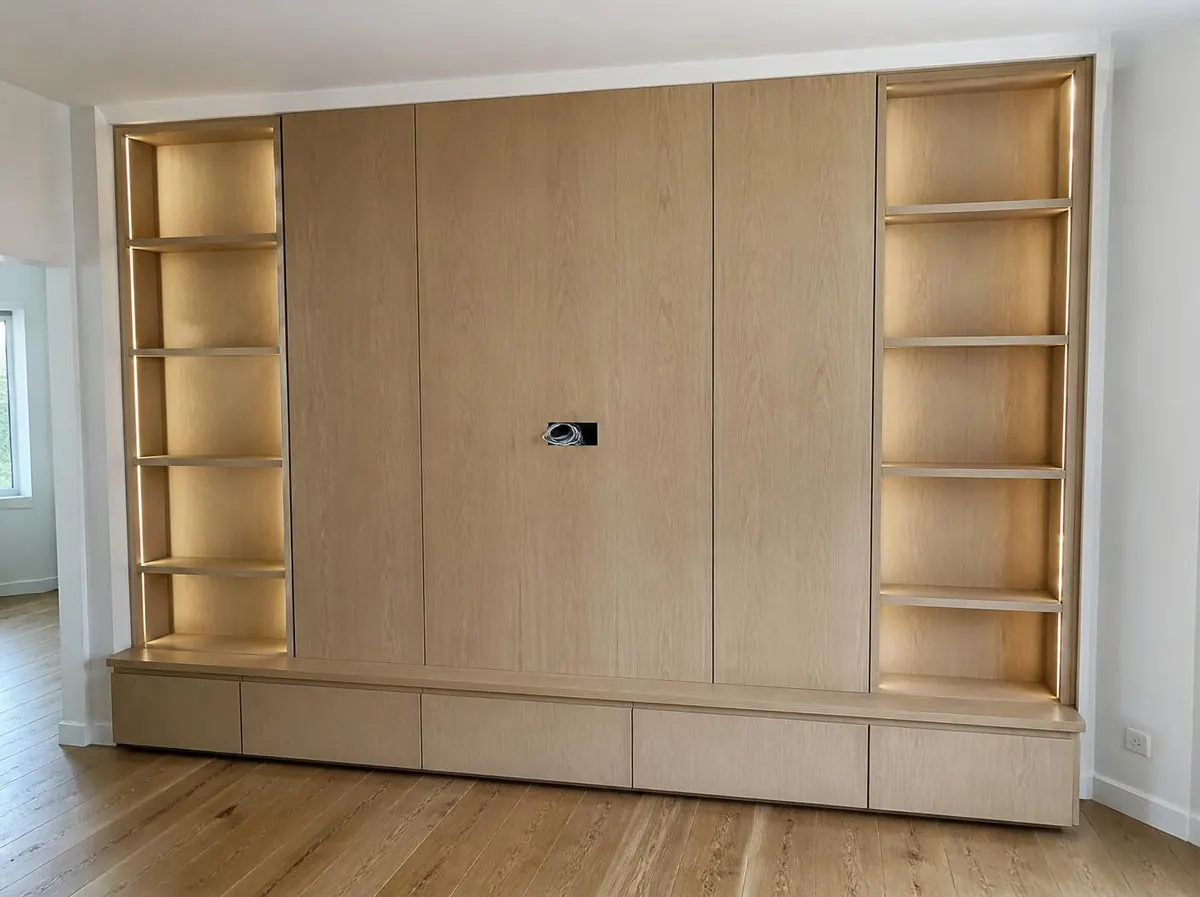 Wandverkleidung aus Eiche mit beleuchteten Regalen