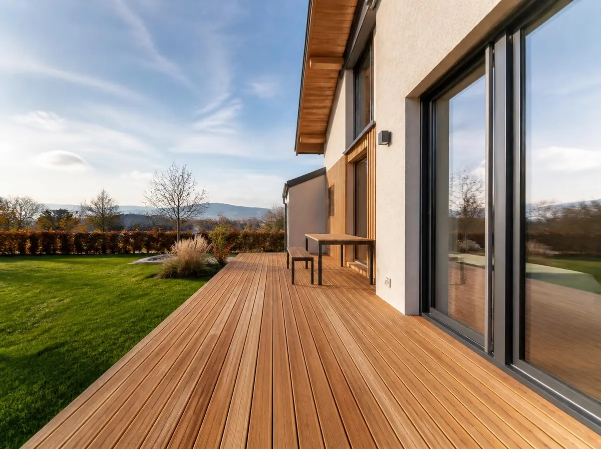 Holzterrasse aus Lärche an einem Einfamilienhaus